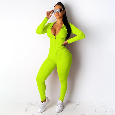 

Sexy Women Two Piece Set Sportswear Hooded Hoodie Pants Long Sleeve Zipper Drawstring Pocket Bodycon Fashion Tracksuit