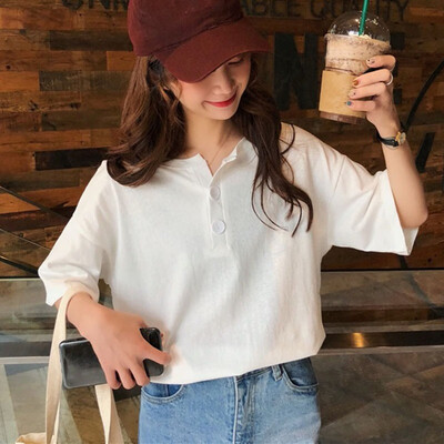 

Women t shirt solid color button top summer short sleeve O-neck knotted casual wild loose T-shirt Solid Basic Soft