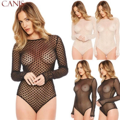 

Women Sheer Mesh Jumpsuit Long Sleeve Top Shirt Leotard Playsuit Romper Bodysuit