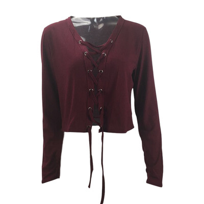 

Fashion Autumn Womens Knitted Tops Stylish Lace-Up Tie Long Sleeve V Neck Clothing Slim Fit Casual Knitwear Blouses