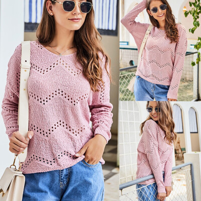 

Tailored Women O-Neck Solid Color Hollow Pullover long Sleeve Loose Knitted Sweater Tops