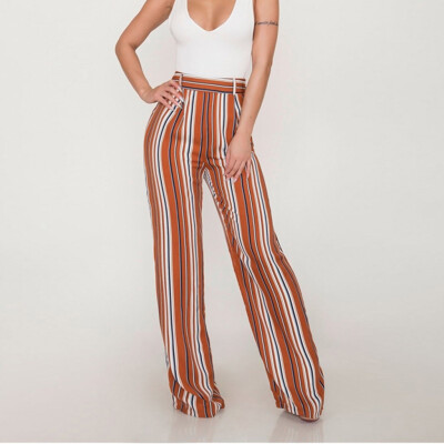 

Women Striped Wide Leg Pants Sweet Pockets Female Casual Chic Loose Trousers