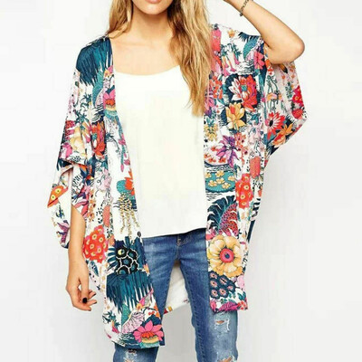 

Women Floral Print Beach Shawl Kimono Cardigan Boho Chiffon Tops Jacket Blouse