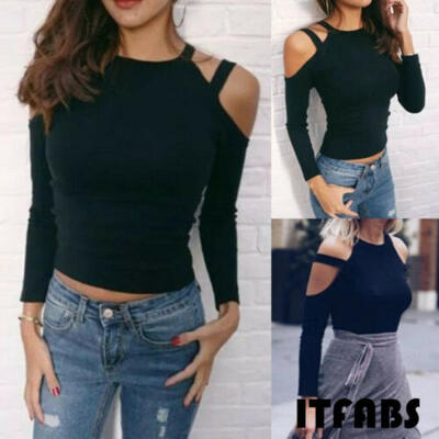 

Womens Off Shoulder Casual Long Sleeve Halter T-Shirt Blouse Crop Tops Black