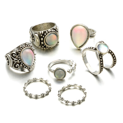 

Vintage Flower Opal Rings For Women Geometric Pattern Big Knuckle Rings Set Bohemian Jewelry Party Gift 7 PCS Set