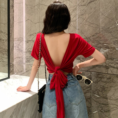 

Two Kinds Of Wearing Type Summer Solid Color Womens Deep V Neck Unique Cross Wrap Sexy Slim Fit T-shirt