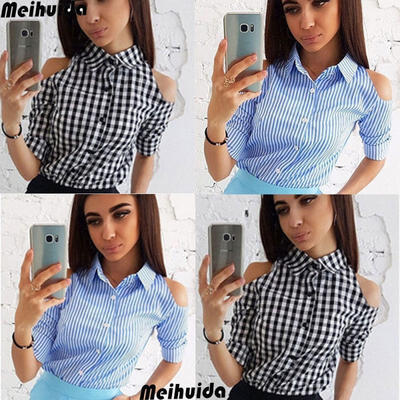 

Women Blouse Long Sleeve Cold Shoulder Striped Plaid Shirt Women Casual Tops