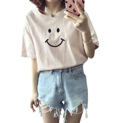 

Women Casual Loose Short Sleeve T-Shirts Embroidery Smiling Crew Neck Tee Tops