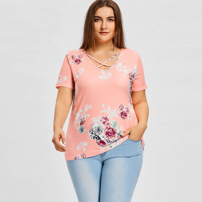 

Roseonmyhand Womens Plus Size Casual V-Neck Short-Sleeved Printed Curved Hem T-shirt Top