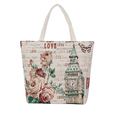 

New Retro Women Floral Canvas Handbag Front Print Zipper Top Shopping Travel Shoulder Bag Tote