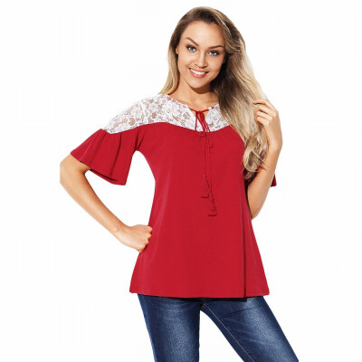 

Two-tone stitching round neck short-sleeved lace printed casual straight top