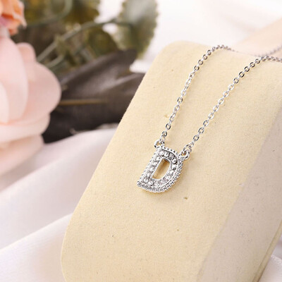 

Fashion Women 26 Double Sided English Alphabet Diamond Silver Color Necklace