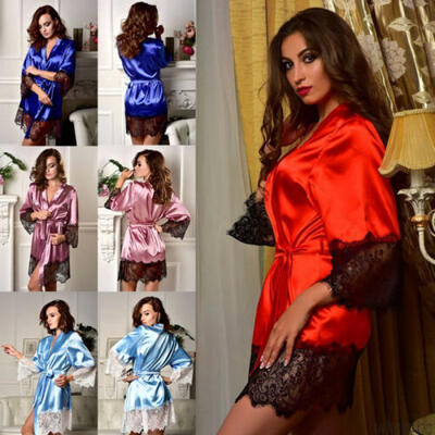 

Hot Womens Sexy Satin Robe Lace Nightgown Pajamas Sleepwear Kimono Dress S-XL