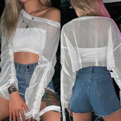 

Womens Mesh Fishnet Long Sleeve See Through Crop Tops T-Shirt Casual Blouse