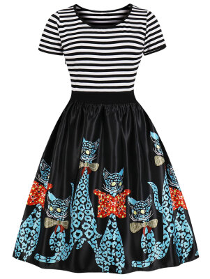 

Vintage Striped Cat Print High Waist Dress