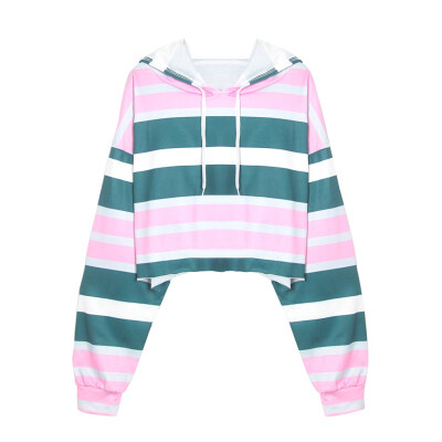 

Women Striped Patchwork Crop Top Hoodies Sweatshirts Autumn Casual Long Sleeve Hoodie Pullover Female Fashion Short Sweatshirt