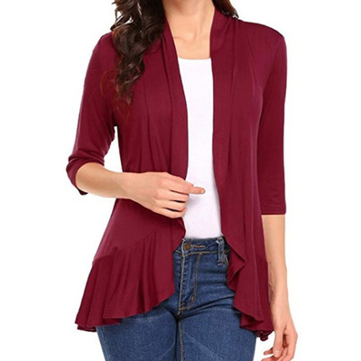 

Toponeto Women Solid 34 Sleeve Open Front Ruffles Causal Lightweight Cardigan BKL