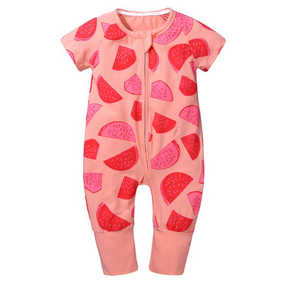 

Infant Girls Cotton Spring Summer Zipper Romper Short Sleeves Cartoon Print Climb Soft Jumpsuit for 0-24 months