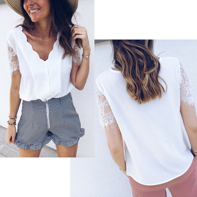 

Women Office Ladies Summer Chiffon Short Sleeve Casual Shirt Tops Blouse T-Shirt