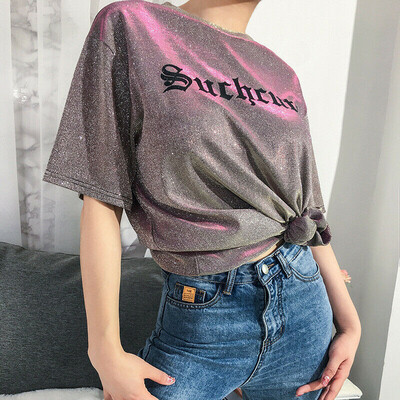 

Womens Summer Sexy Letter Print Sequins Short Sleeve Loose T-Shirt Top Blouse Mini Dress