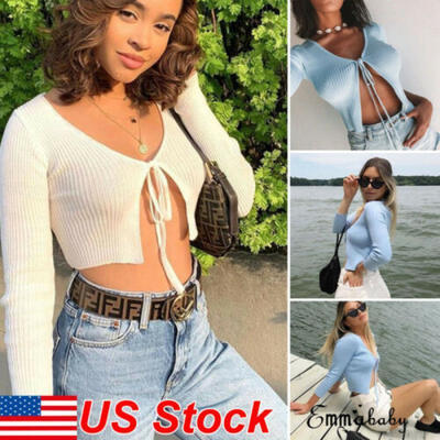 

Womens Lace-Up Bow Open Long Sleeve Crop Top T-Shirt Sexy Slim Body Tops Blouse