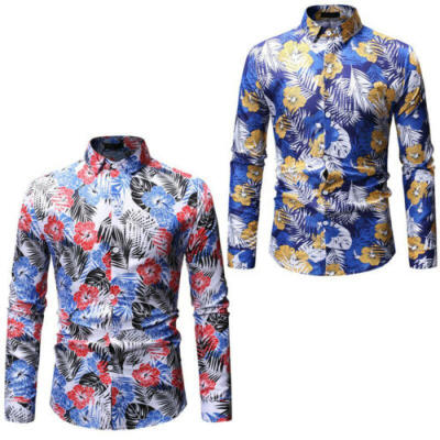 

2019 UK Mens Summer Slim Fit Floral Long Sleeve Shirts Casual Button Shirt Tops