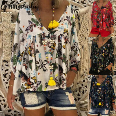 

US Womens Plus Size Long Floral T-shirt Casual Party Loose Chiffon Blouse Tops