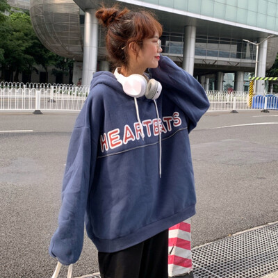 

Women "HEARTBEATS" Long Sleeve Sweatshirt Front Reflective Striped Hooded Tops Autumn Winter Loose Pullovers Casual Tops