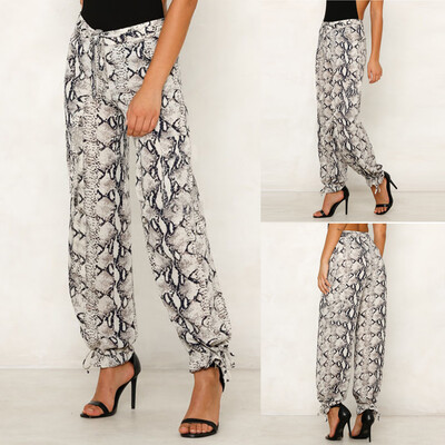

Fashion Women Snake Skin Print Ribbons Casual Loose Long Pants Trousers