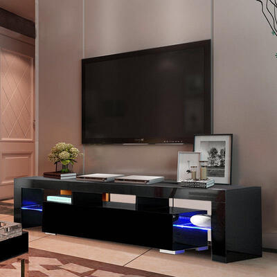 

High Gloss TV Stand Unit Cabinet Console Furniture wLED Shelves 1 Drawers Black