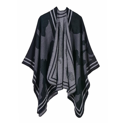 

Women Poncho Cardigan Sweater Contrast Color Geometry Cashmere Capes Shawl Scarf Outerwear