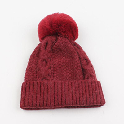 

Funny Women Knitted Hat Solid Color Wool Blends Crochet Pattern Pom-pom Top Ribbed Casual Warm Beanies