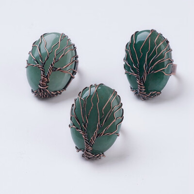 

Natural Green Aventurine Adjustable Finger Ring Wide Band Rings Oval Red Copper Size 9 19mm