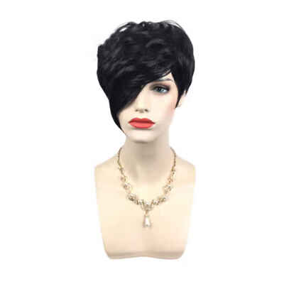 

Women Inclined Bangs Curly Short Hair Wig Female Heat Resistant Fiber Fake Hair Black Hairpiece
