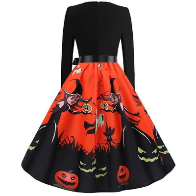 

L8068 Cross-border Halloween Womens Round Neck Long Sleeve Ghost Print Elastic Elastic Waist with Black Ribbon Big Swing red