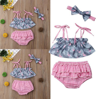 

3PCS Kids Baby Girl Clothes Flamingo Sleeveless Crop Top TankShort Pants Outfit
