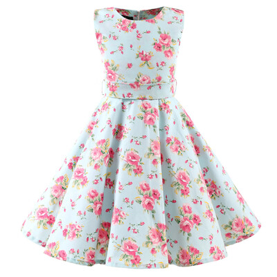 

Kids Teen Children Girls 1950s Retro Sleeveless Floral Print Bow Princess Dress