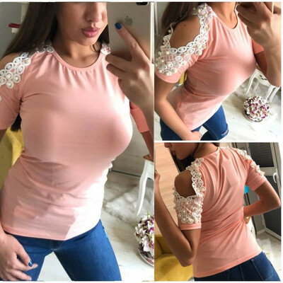 

Women Pearl Cold Shoulder T-Shirt Tops Short Sleeve Summer Casual Tee Shirts Blouse