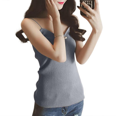 

Knitted Tank Tops Women Sexy Slip Vest Simple Stretchable V-Neck Slim Shirt