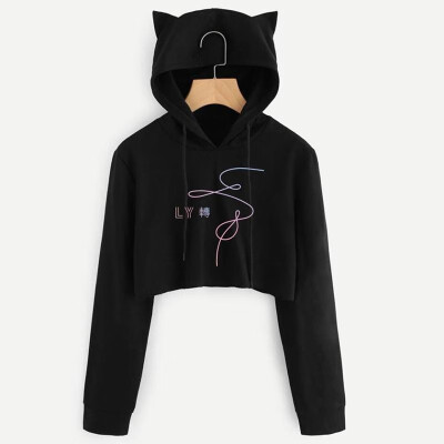 

Fashion Women Autumn Cropped Hoodies Geometric Letter Print Long Sleeves Drawstring Cat Hooded Pullover Top Sweatshirt