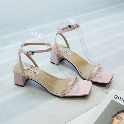 

One-word buckle sandals womens summer 2019 new red thick-heeled net red simple fairy wind girl high-heeled slippers