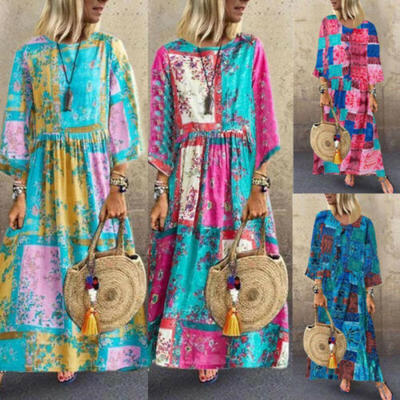 

Women Boho Cotton Linen Long Maxi Dress Long Sleeve Casual Boho Kaftan Tunic