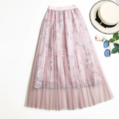 

Women Mesh Long Skirt Embroidery Floral Tulle Layered Voile Maxi Casual Skirt