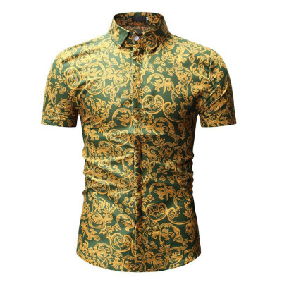 

Tailored Mens Casual Fit Slim Short Sleeve Printed Stand Collar Button Shirt Top Blouse