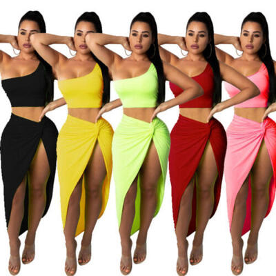 

New Womens Crop Tops Blouse Skirt Two-piece Playsuit Bodysuit Outfit Dress Set