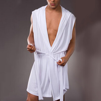 

Mens Sexy Breathable Bath Robe Pajamas Sleeveless Hooded Ice Silk Nightwear