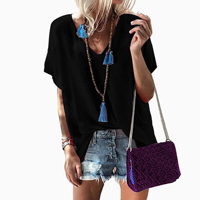 

Womens Fashion Simple Tops Casual V Neck Solid Short Sleeve Basic Plus Size T-Shirt