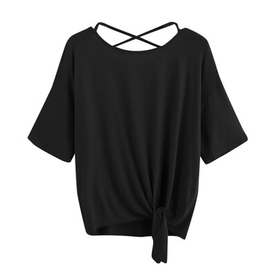 

Nomeni Womens Casual Solid Crisscross Back Knot Half Sleeve Blouse T Shirt
