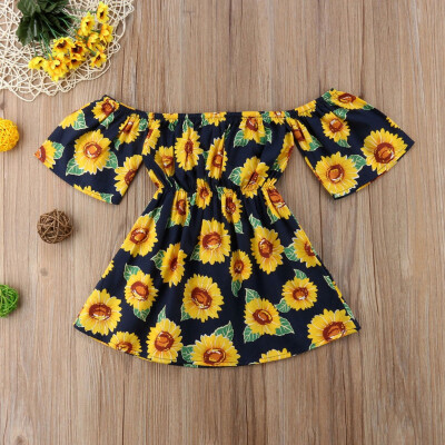 

Children Kids Baby Girls Sleeveless Off Shoulder Sunflower Print Floral Dress