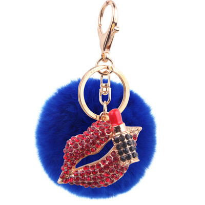 

8cm Rex Rabbit Fur Ball Red Lip Key Keychain New Plating Alloy Diamond Ball Bag Car Ornament